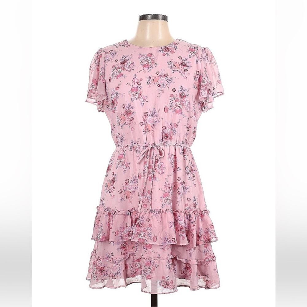 City Studio‎ pink chiffon floral print ruffled dress, L